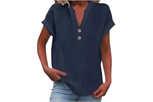 WYONGTAO Chic Et Élégant Chemises en Coton Et Lin Col V pour Femmes Chemisiers Et Blouses Femme Manches Roulées Chemisier Femme Été Ample Tunique Boutons Couleur Uni Tops Polyvalente Chemise Lin