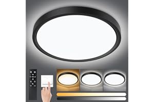 Smanu Dimmable LED Ceiling Light,Remote Control 18W 1500LM,3000K-6000K, IP54 Waterproof,2.5cm Ultra Thin Round LED Flush Mount Ceiling Light for Bedroom Bathroom Kitchen Hallway Office,Ø22CM, Black