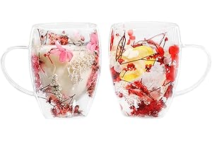 LeKuni Lot de 2 Tasses Double Paroi Avec Fleurs Séchées, 350ml Verre Double Paroi, Tasses À Expresso En Verre Transparent Pour Cappuccino, Expresso, Latte, Thé -Rose & Rouge