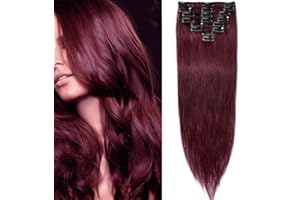 SEGO 20"(50cm) Extensiones de Clip de Pelo Natural [#99J Borgoña] 100% Remy Cabello Humano 8 Piezas 18 Clips Liso (70g)
