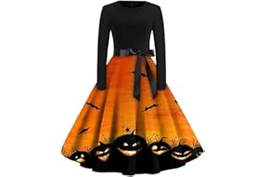 EZJOBLA Halloween Costumes for Women, Halloween Long Sleeve Round Neck Elegant Dress Halloween Party Dress Ladiess Bowknot A Line Dress Womens Halloween Outfits Prom Swing Printing Holiday Clothing