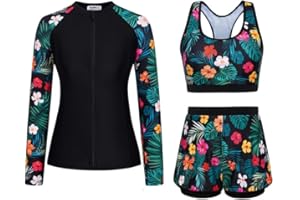 JASAMBAC 3-Piece Rash Guard Swimsuits for Women UPF 50+ Bikini Top & High Waist Boyshorts Zipper Modest Swimwear Ladies Swimming Costumes Bathing Suit Soft Surf Suit