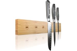 Amazy Portacoltelli magnetico (15 etichette per gesso) – Barra magnetica coltelli in legno di bambù massiccio per appendere i vostri coltelli da cucina a parete| No coltelli inclusi