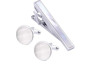 Jonwo Mother of Pearl Shell Men Cufflinks and Tie Clip Set Silver Polished Round Men Cufflinks Regular Necktie Tie Pin for Wedding Party Business Birthday Anniversary Dress