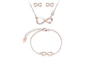 CPSLOVE Collares Pulsera y Pendientes símbolo de infinito para mujer, Conjunto de joyas para mujer niña, collar colgante pulsera y pendientes de plata 925, Circón brillante, Largo ajustable, oro rosa