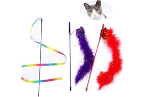 NEKOSUKI Cat Wand and Rainbow Toy, 2Pcs Interactive Cat Teaser Feather Wand with Sound Paper and 1Pcs Rainbow Ribbon Wand for Kitten Cat Having Fun Exerciser Playing