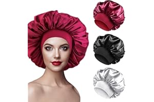 3pcs Bonnet Satin Nuit Femme Élastique Protection pour Cheveux Longs et Bouclés (Noir, Rouge, Gris)