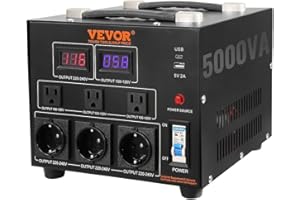 VEVOR Transformador Convertidor de Voltaje Sube/Baja 220-110V/110-220V Transformador de Potencia 5000W CE con 3 Enchufes NEMA 5-15R EE.UU. 3 Pines 3 Enchufes Shucko UE 1 Puerto USB 5V 1 Toma Tipo-C