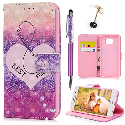 Lanveni S6 Hülle, Handyhülle für Flip Case Cover PU Lederhülle Schutzhülle Magnetverschluss Ledertasche mit Stander Function Brieftasche Card Slot Handy Tasche mit Liebe Cover Design für Samsung Galaxy S6 + 1 x Stylus Stift + 1 x Staubdichte Stecker