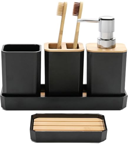 Set D'accessoires De Salle De Bain Noir Mat 5 Pièces - Distributeur De Savon, Porte-brosse à Dents, Porte-savon, Tasse, Plateau