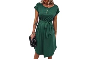 Bequemer Laden Damen Sommer Kleid Knopfleiste Kurzarm Midi Kleider Elegant Sommerkleid Businesskleid mit Taille Krawatte