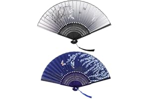 CRITIVE-SHOP Hand Fan Folding Set of 2 - Folding Fan for Women -Handheld Fan Folding Antique with Tassels for Gifts -Bamboo Silk chinese fan for Decoration, Music Festival, Dance, Party, Performance