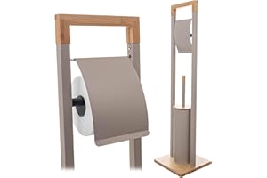 ‎KADAX KADAX Toilettenpapierhalter mit integrierter WC-Bürste, Klopapierhalter Stehend mit Klobürste für Badezimmer, WC Garnitur aus Stahl und Bambus (Beige)