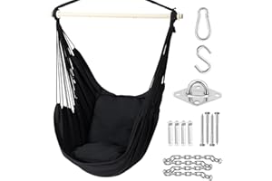 Ohuhu Hanging Chair Swing Chair with Hanging Kit, Extra Comfortable XL Portable Hammock Chair with 2 Cushions Metal Support Bar Side Pocket for Indoor Outdoor Bedroom Patio, Black