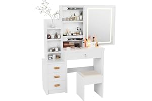 OYAJIA Dressing Table with Mirror and Stool, Vanity Table with LED Lights and Adjustable Brightness, Vanity Desk with Mirror, Makeup Desk for Bedroom, For Adults Women Girls Bedroom, White(Upgraded version)