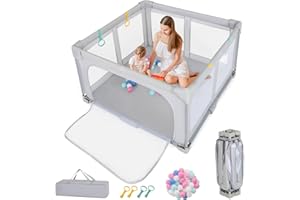 COSTWAY Box per Bambini 127 x 127 cm, Recinto per Bambini Pieghevole in Tessuto Oxford con Rete Traspirante, Box con Giochi che Include 50 Palline, 4 Pezzi Anelli e Borsa (Grigio, 127 x 127 cm)