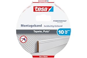 tesa Montageband Tapete&Putz, 10 kg Haltekraft pro Meter - starkes, doppelseitiges Montageklebeband zur Befestigung auf Gips und Tapeten - 5 m x 19 mm