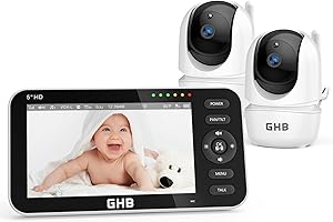 GHB Babyphone mit 2 Kameras 5 Zoll 720P HD IPS-Display mit 4000mAh Akku Pan/Tilt 350°/110° VOX-Modus Gegensprechen Nachtsicht Temperaturanzeige