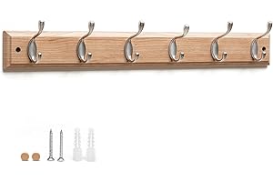 Flatro Coat Hooks Wall-Mounted | Bamboo Coat Rack with 6 Zinc Alloy Hooks to Hang Hats, Jackets, Bags, Keys, Towels | Best Suited for Home Entrances, Bedrooms, Bathrooms | Fixings Included
