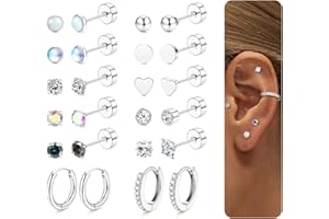 JeweBella 12 Pairs Hypoallergenic Flat Back Earrings for Women Men Silver/Gold Surgical Steel Earrings Small Stud Hoop Earrings Zirconia Opal Heart Cartilage Earrings Set for Multiple Piercings