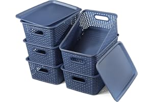 RAXMETRY Storage Baskets with Lids, Rectangular Storage Boxes with Lids Pantry Organization and Small Plastic Basket for Shelves Desktop Drawer Closet Bathroom Bedroom,6 Pack-Blue