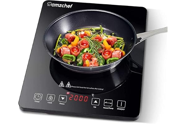Plaque Induction Portable AMZCHEF, plaque de cuisson à induction de 2000 W avec corps mince, 10 niveaux de puissance, 10 réglages de température, contrôle tactile, minuterie de 3 heures, noir