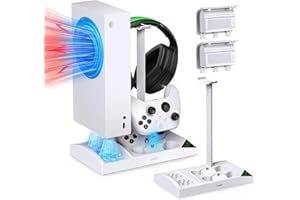 AUARTE Support Vertical Compatible avec Xbox Series S, Ventilateur de Refroidissement & Dual Chargeur Station de Controller pour Xbox Series S avec 2 x 1400 mAh Batteries Rechargeables et Support Casque