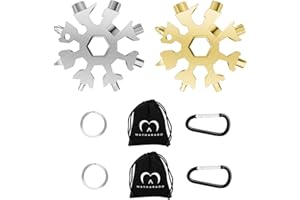 MATHARAGO Schneeflocken-Multitool, 2 Stück 18-in-1-Edelstahl-Schneeflocken-Werkzeug mit Karabinerhaken, Schlüsselanhänger und Aufbewahrungstasche (Silber & Gold)