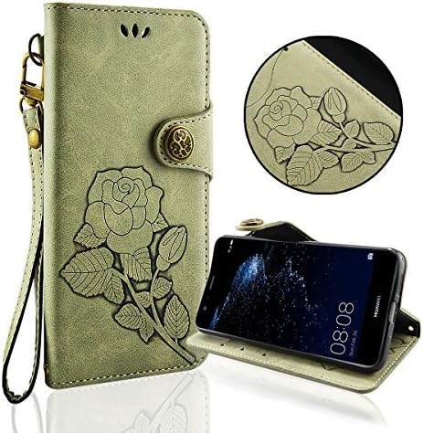 Huawei P10 Lite Case, Fraelc Retro Ultraslim Premium Leatheretter Wallet Bookstyle Flip Case Cover with Magnetic Closure and Kickstand Function for Huawei P10 Lite in Rose Flower Pattern Design - Gray