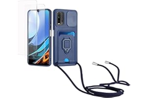 Kaslly Funda con Cuerda para Redmi 9T/Redmi 9 Power/Xiaomi Poco M3+[2 Pack Protector Pantalla],Case con Ranura para Tarjetas,Cubierta de Cámara Deslizante Proteger,Doble Cara Protección-azul marino