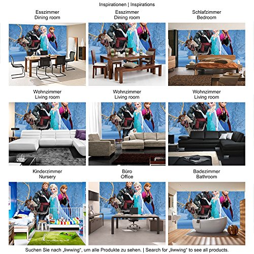 Vlies Fototapete PREMIUM PLUS Wand Foto Tapete Wand Bild Vliestapete – Kindertapete Anna Elsa Kristoff Olaf Schnee Bäume – no. 1971, Größe: 368 x 254 cm Vlies - 6