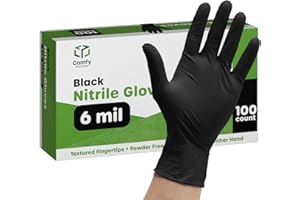 Comfy Package [100 unidades Guantes de nitrilo negros desechables, sin látex, de 6 Mil de fuerza extra, sin polvo, resistentes a productos químicos, con puntas texturizadas - Talla mediana.