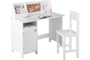‎COSTWAY COSTWAY Kinderschreibtisch Set, Arbeitstisch für Schüler aus Holz mit Stuhl, Bücherregal, Unterschrank & Pinnwand, ergonomischer Schülerschreibtisch Lerntisch für Kinder ab 3 Jahren, Weiß