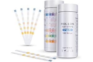 Wemk Lot de 100 Bandelettes Piscine, 7 en 1 Bandelettes Test pour Piscine, Spa et Jacuzzi, Analyse Qualité de l'eau-Dureté Totale, Brome, Chlore Libre, pH, Acide Cyanurique et Niveau d'alcalinité