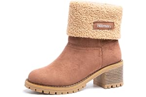 Hitmars Bottes Hiver Femme Boots Daim Botte à Talon Bloc Bottine Fourrées Chaudes Neige Chaussures Noir Marron Kaki 35-43 EU