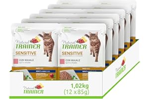 Natural Trainer Sensitive Adult Cibo Umido per Gatti con Maiale 12 buste x 85 g - 1020 gr