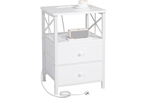 AMHANCIBLE Bedside Table, Side Table with Charging Station, Bedside Cabinet with 2 Fabric Storage Drawers, End Table, Sofa Side Table for Small Spaces, Nightstand for Living Room, White HET05XWT-1