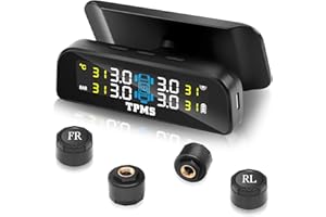 Avutrel 0-3.5Bar Tyre Pressure Monitoring System TPMS Tool Solar and USB, 4 Tire External Sensors and 5 Alarm Modes - Pressure and Temperature, Universal Tool for Car AUTO SUV LWK Caravan Trucks