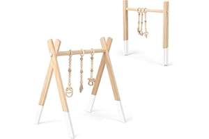 LIFEZEAL Drewniany trapez do zabawy, urządzenie z 3 zabawkami, hala gimnastyczna, składana, dla dzieci od 3 miesięcy, do pokoju dziecięcego (biały)