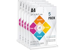 OSIMIG 5 PCS Expositor Metacrilato Transparente A4, Soporte para Letreros de Acrílico, Soporte sobremesa para carteles A4, Soporte para Menús, Mensajes, Expositores, Fotos