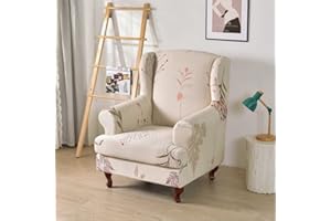 Highdi 2 Piece Stretch Wingback Chair Covers Wing Chair Slipcover Armchairs Covers Classic Printed Sofa Slipcover Spandex Furniture Protector for Living Room Bedroom Hotel (Beige Garden)