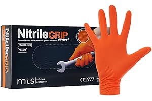 MTS Safety & Protection Gants Jetables M – Paquet De 50/boîte Gants En Nitrile Gants Orange Nitrile Diamond Structure Grip – Gants Jetables Gants En Caoutchouc Sans Poudre (M, Paquet De 50)