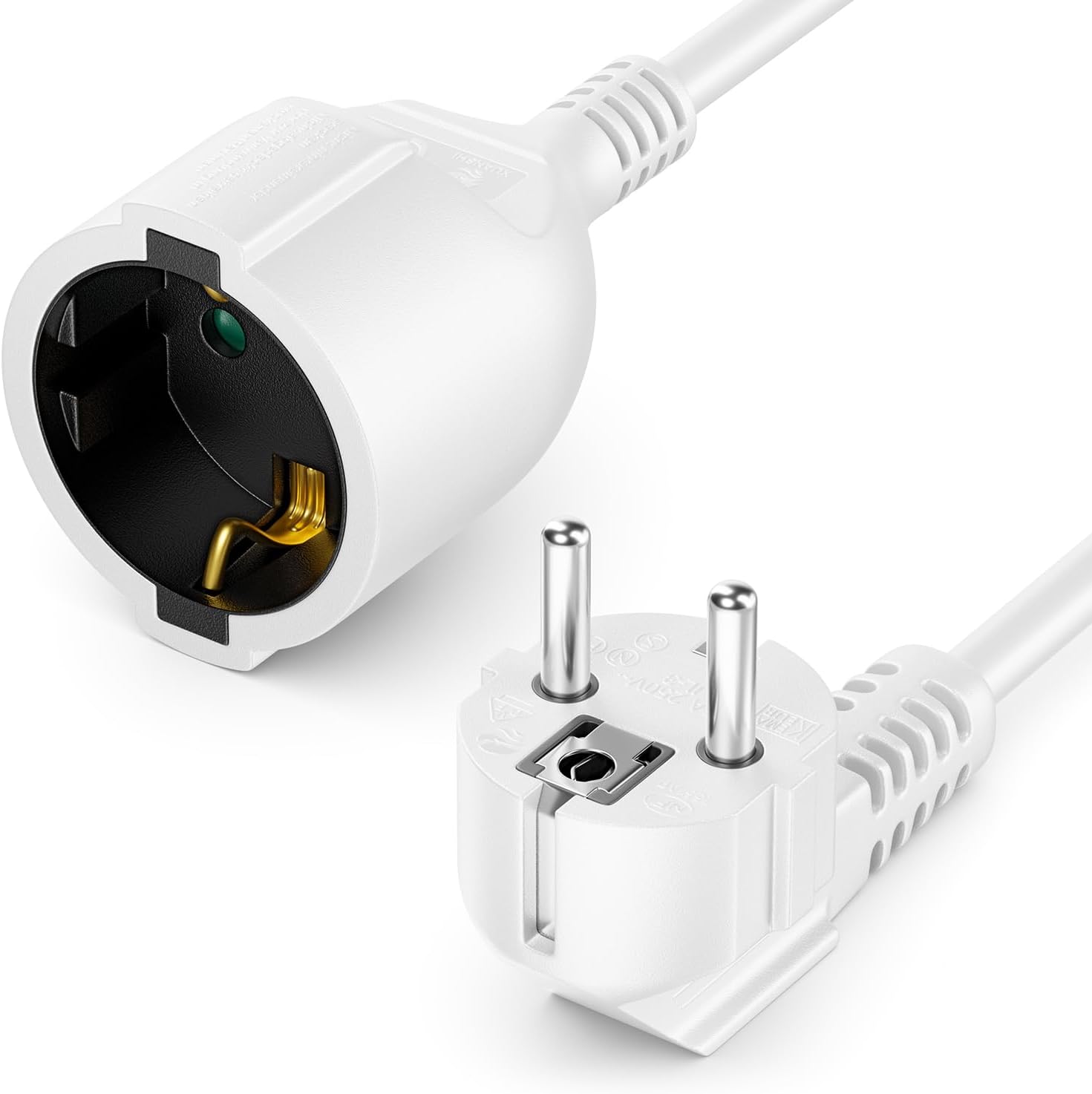 deleyCON 2m Cable de Extensión con Enchufe Tipo F (CEE 7/7) en ángulo de 90° a Toma (CEE 7/3) con Protección de Contacto, para TV, PC, Ordenador y Proyector - Blanco