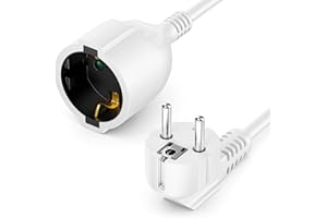 deleyCON 3,0m Cable de Extensión con Enchufe Tipo F (CEE 7/4) en ángulo de 90° a Toma (CEE 7/3) con Protección de Contacto, para TV, PC, Ordenador y Proyector - Blanco