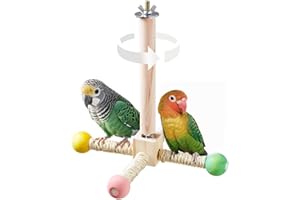 JEVND Bird Stand Perch Toy, Interactive Spinning Parakeet Toys, Wooden Exercise Wheel Parrot Toy, Enrichment Cockatiel Toy for Birds Cage, Bird Cage Accessories Perch Toys for Budgies (S)