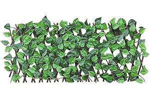 REOVE Adjustable Retractable Artificial Garden Fence, Tropical Style, Green, Plastic/Artificial, Expanding Wooden Landscaping Fence