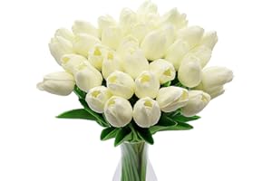 CATTLEYAHQ Flores de tulipán Artificiales, 10 Piezas de Tulipanes Reales con Hojas, decoración para Banquete de Boda Nupcial, Mesa de Cocina para el hogar (Blanco)