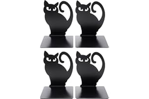 Coolnice 4 Stück Buchstützen aus Metall Schwarz rutschfeste Stabile Bücherstütze mit Kätzchen Design Motiven für Bücher, DVDs,Magazine