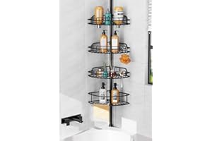 ‎HAMITOR HAMITOR Teleskop Duschablage Ohne Bohren: 4-stufiges Metall Ecke Duschregal Rutschfest und Stabil, Badezimmer Organizer für Shampoo, Seife und Duschgel – verstellbar von 121-314 cm, Schwarz