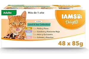 IAMS Delights Land & Sea Collection Alimento húmedo en salsa- para gatos adultos con diversos sabores a carne y pescado, 48 x 85g